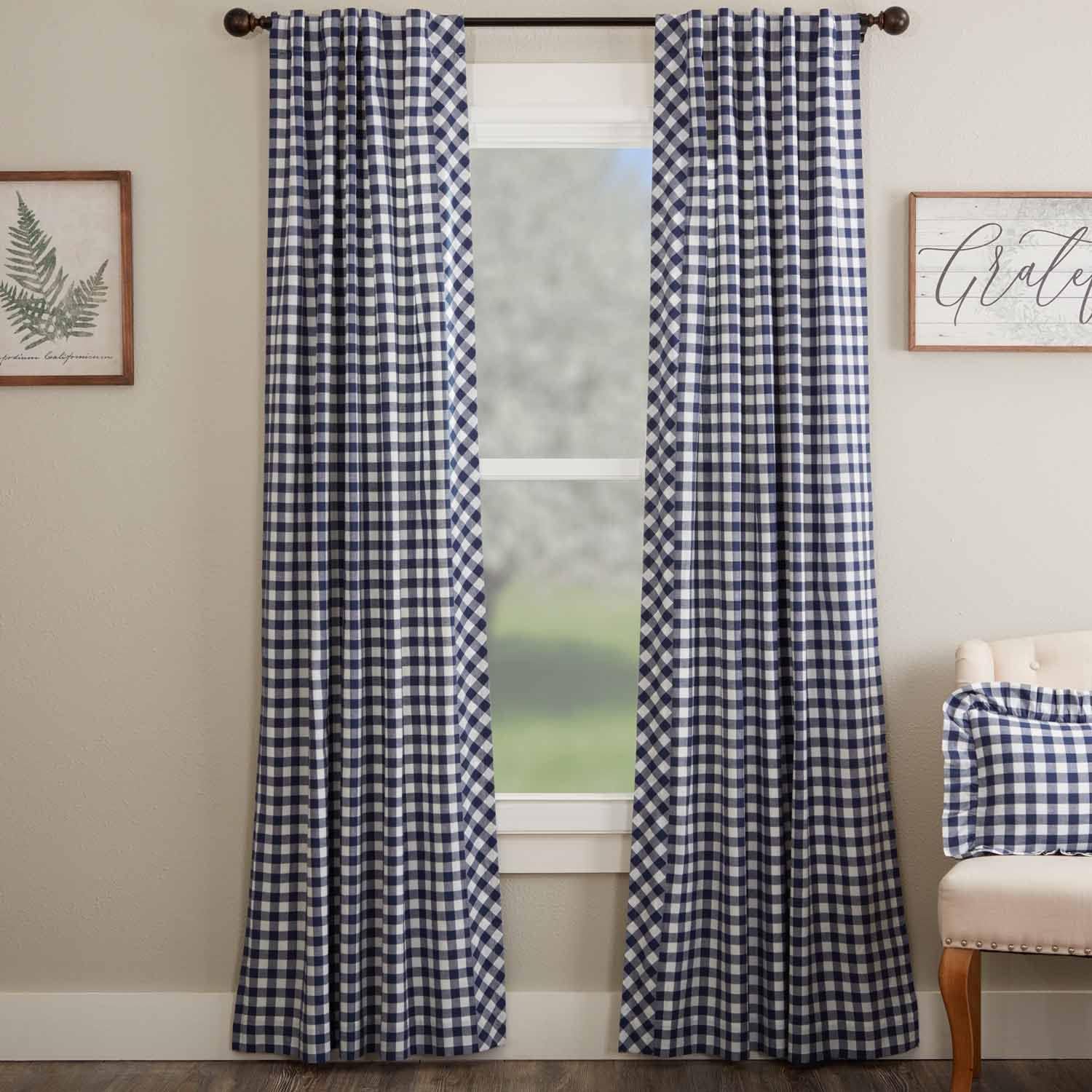 Piper Classics Vintage Check Blue Panel Curtains, Set of 2, 96" L x 50" W, Farmhouse, Country, Cottage Window Treatment, Checked Gingham Drapes
