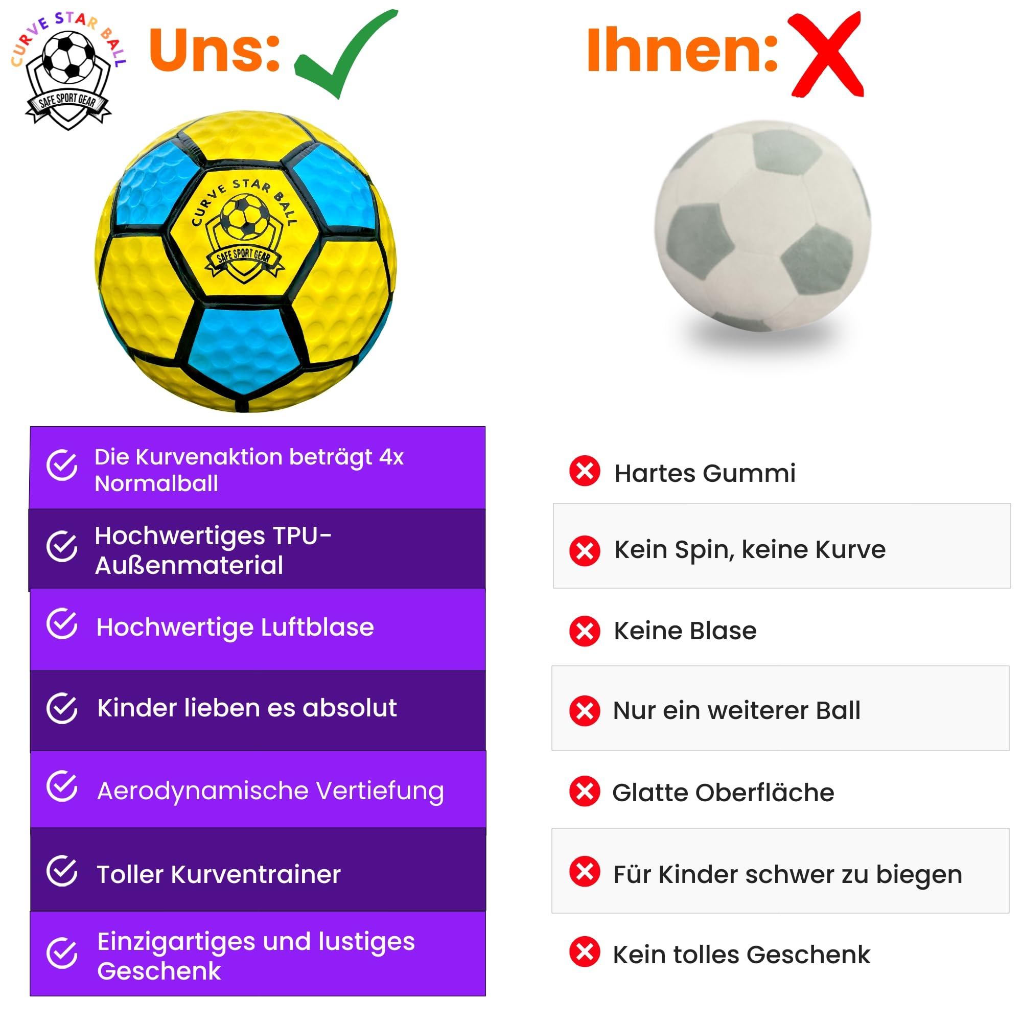 Safe Sport Gear Curve Star Fußball – Kurve Deine Schläge Wie EIN Profi mit Diesem Lustigen Kinder-Fußballgeschenk – Toller, Leichter Fußball in Größe 5 für Kinder (Gelb)