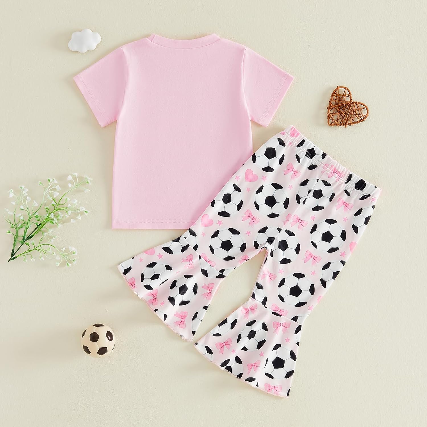 KMBANGI Baby Girl Soccer Outfit Short Sleeve Just a Girl with Goals T-Shirt Soccer Bows Flare Pants Toddler Game Day Clothes
