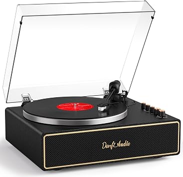 Vinyl Record Player Turntable with Built-in 4 Speakers, AT-3600L Cartridge, Aluminum Platter, Bluetooth Output, USB to PC Recording, Phono Preamp, Belt-Drive 2-Speed, Pitch Control, Black