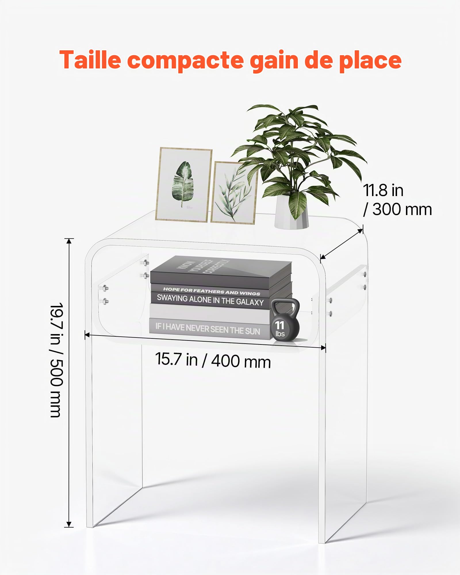 VEVOR Table d'appoint en acrylique, 30 x 40 x 50 cm, table de chevet moderne et transparente à 2 niveaux avec étagère de rangement, petit bout de canapé rectangulaire en acrylique, pour salon, chambre