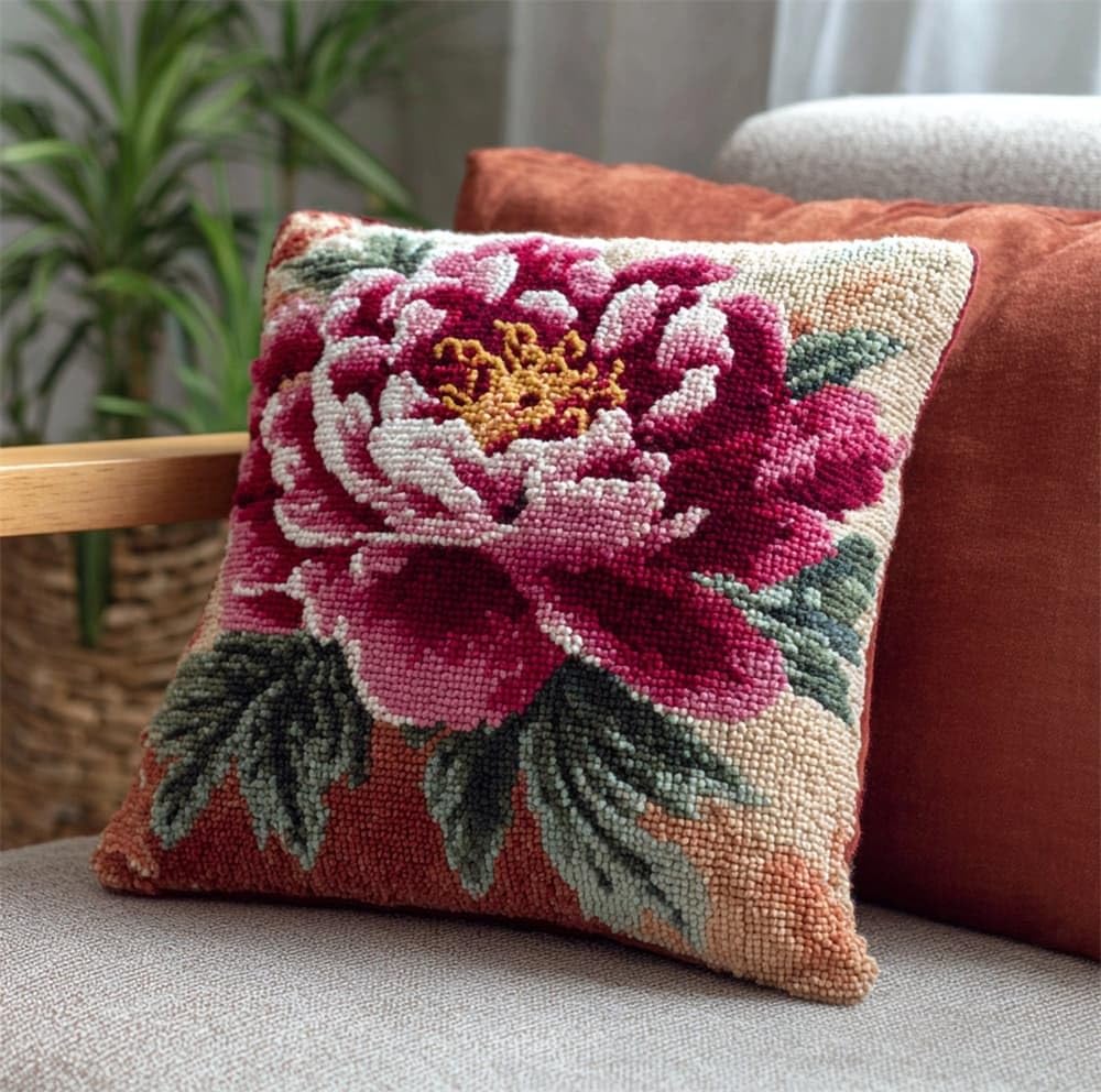 FWRTYCB DIY Latch Pillow Case Kits Peony Crochet Cushion Cover
