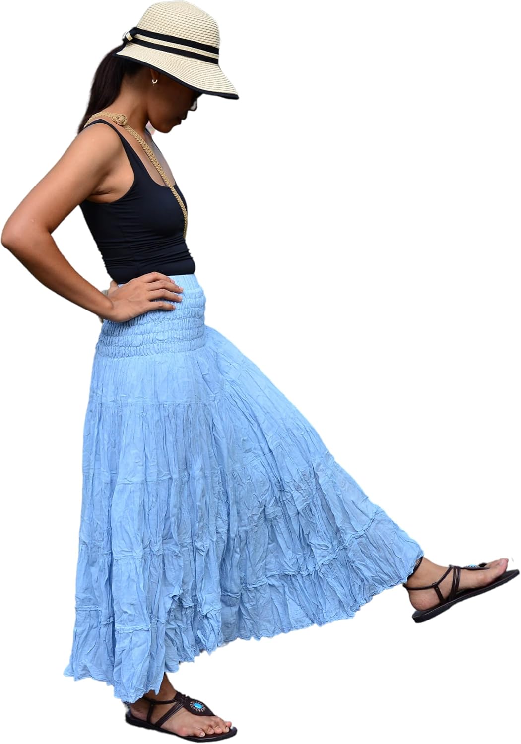 Sakoonee Boho Hippie Maxi Skirt Long Summer Cotton Dress for Women with Smocked Elastic Waist