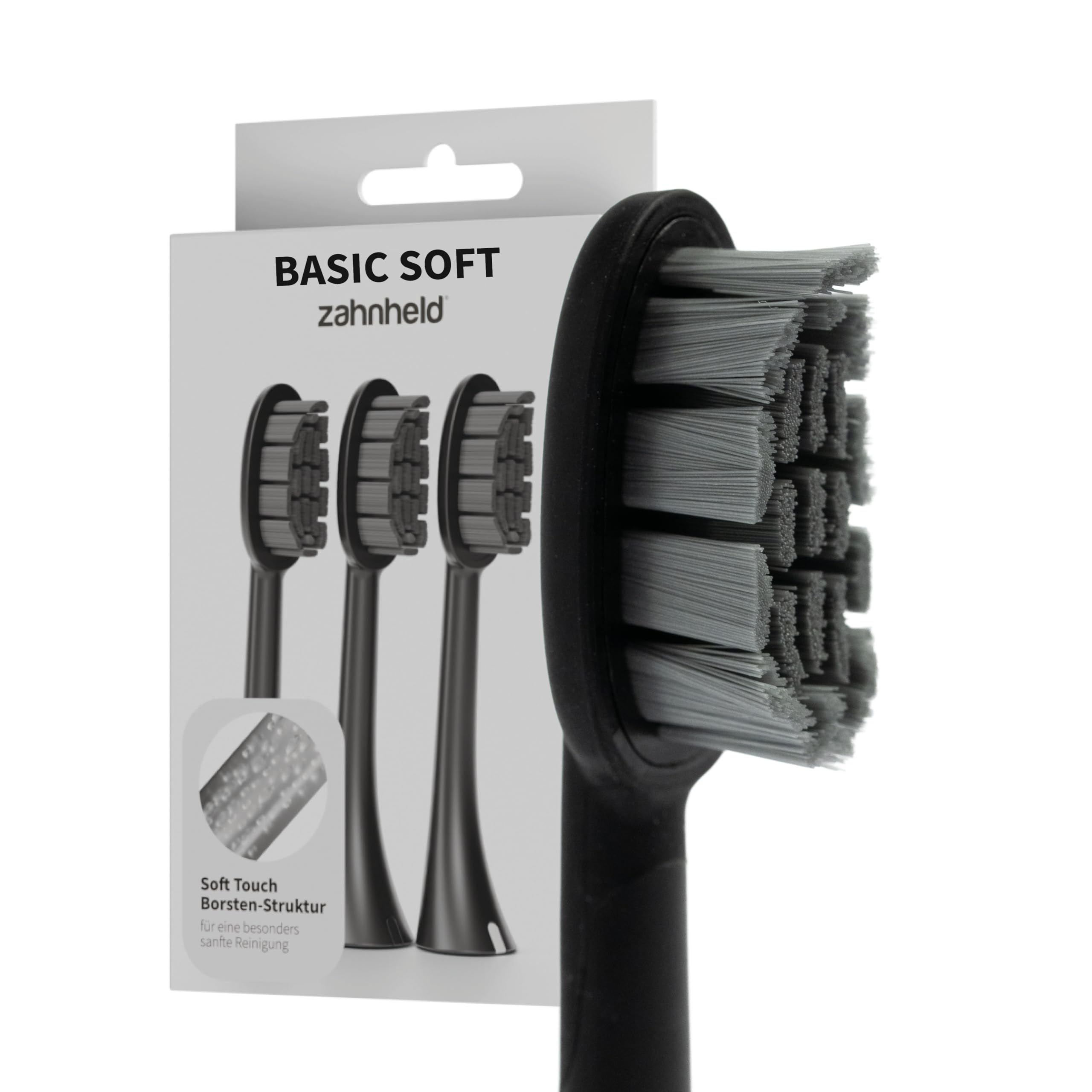 Zahnheld Bürstenkopf Basic Soft 3er Set für Gero G2 & G3, weich, Schwarz