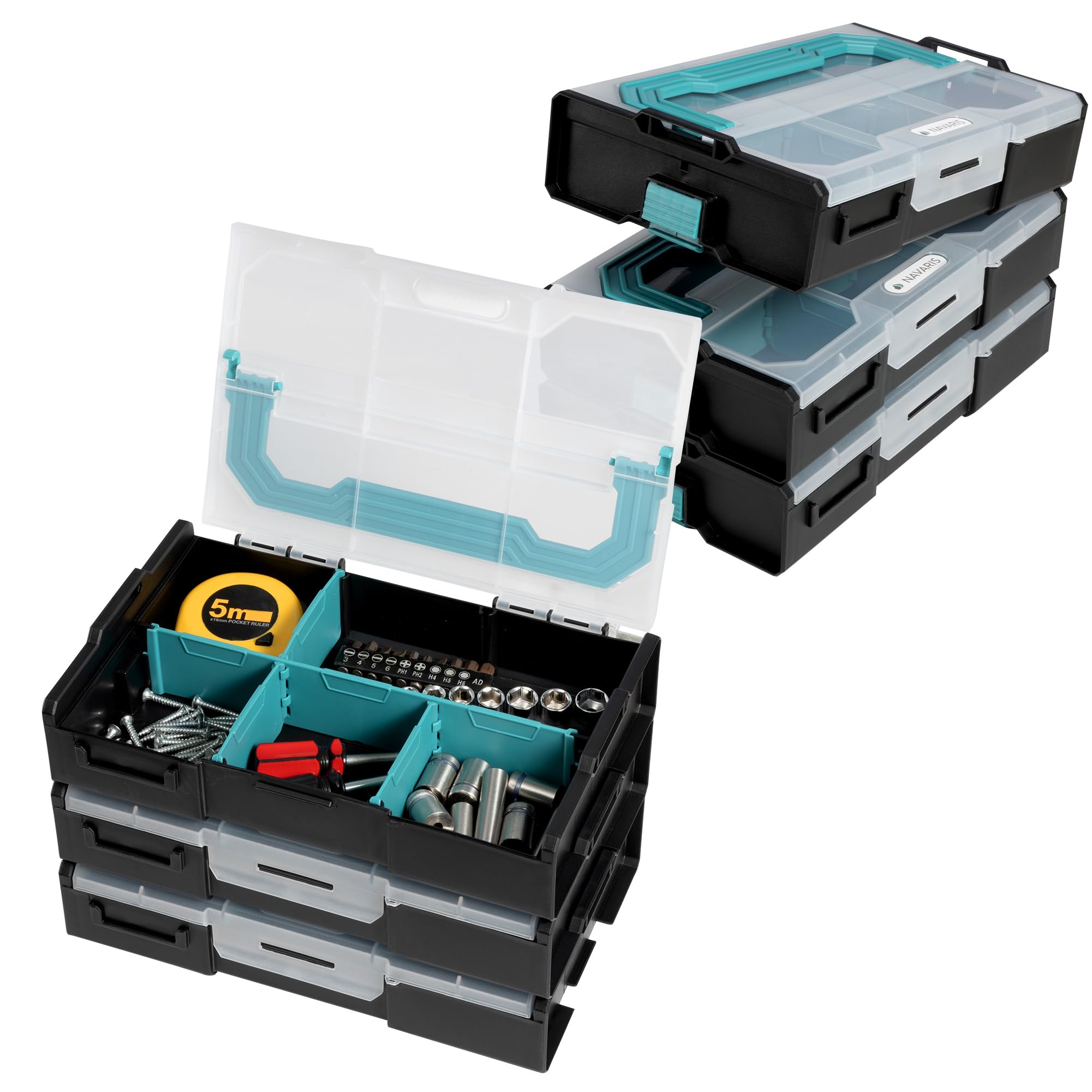 Navaris Green Organiser Boxes - Small Parts Compartment Storage - Compartments And Removable Dividers - Stackable Craft Bead Or Tool Organisation - Travel Snack Box For Plane - 3 Pack