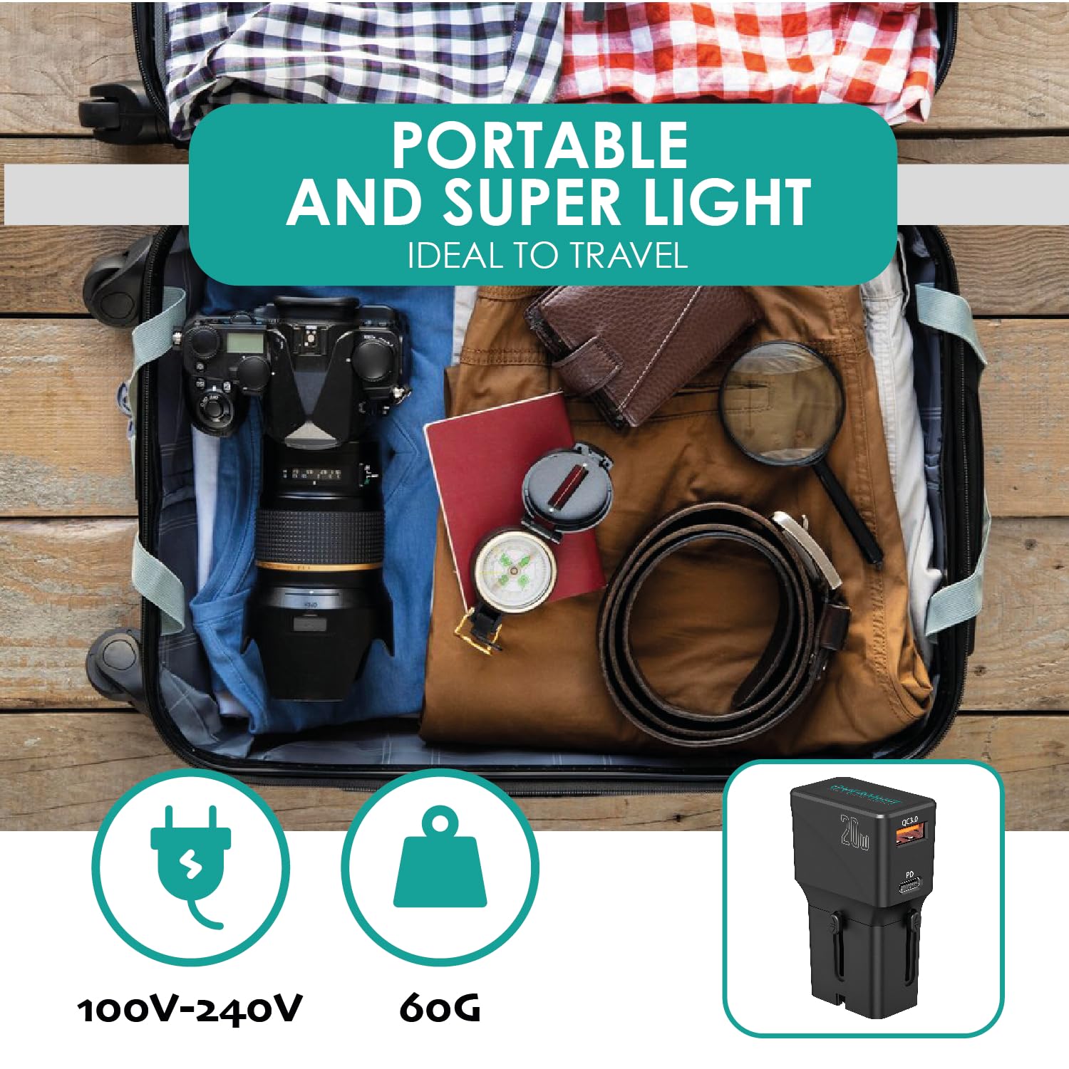 Travell Wall Charger - uniwersalny adapter podróżny z gniazdem USB-C i USB-A, idealny adapter podróżny, kompatybilny z gniazdami w 200 krajach USA, UE, UK, AU, moc do 20W