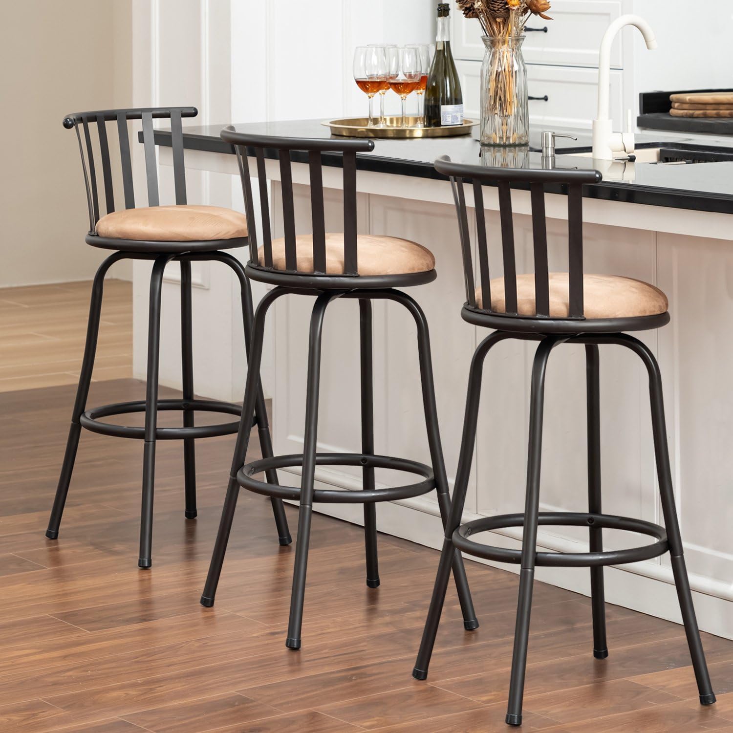 Homy Casa Bar Stools Set of 3, 29''Swivel Industrial Barstools with Metal Back and Footrest, Country Style Counter Bar Chairs with Fabric Seat for Dining Kitchen Bar, Brown