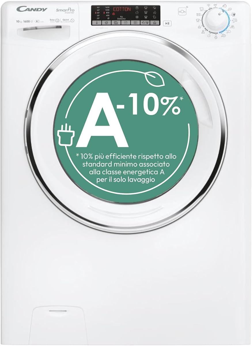 Candy Smart Pro Inverter CSO 6106TWMC1-S, Lavatrice a carica frontale, 10 KG, Classe A-10%, 1600 giri, 78 dB, Cicli Rapidi, 16 programmi, Bianco, AxLxP 85x60x58 cm [Classe di efficienza energetica A]