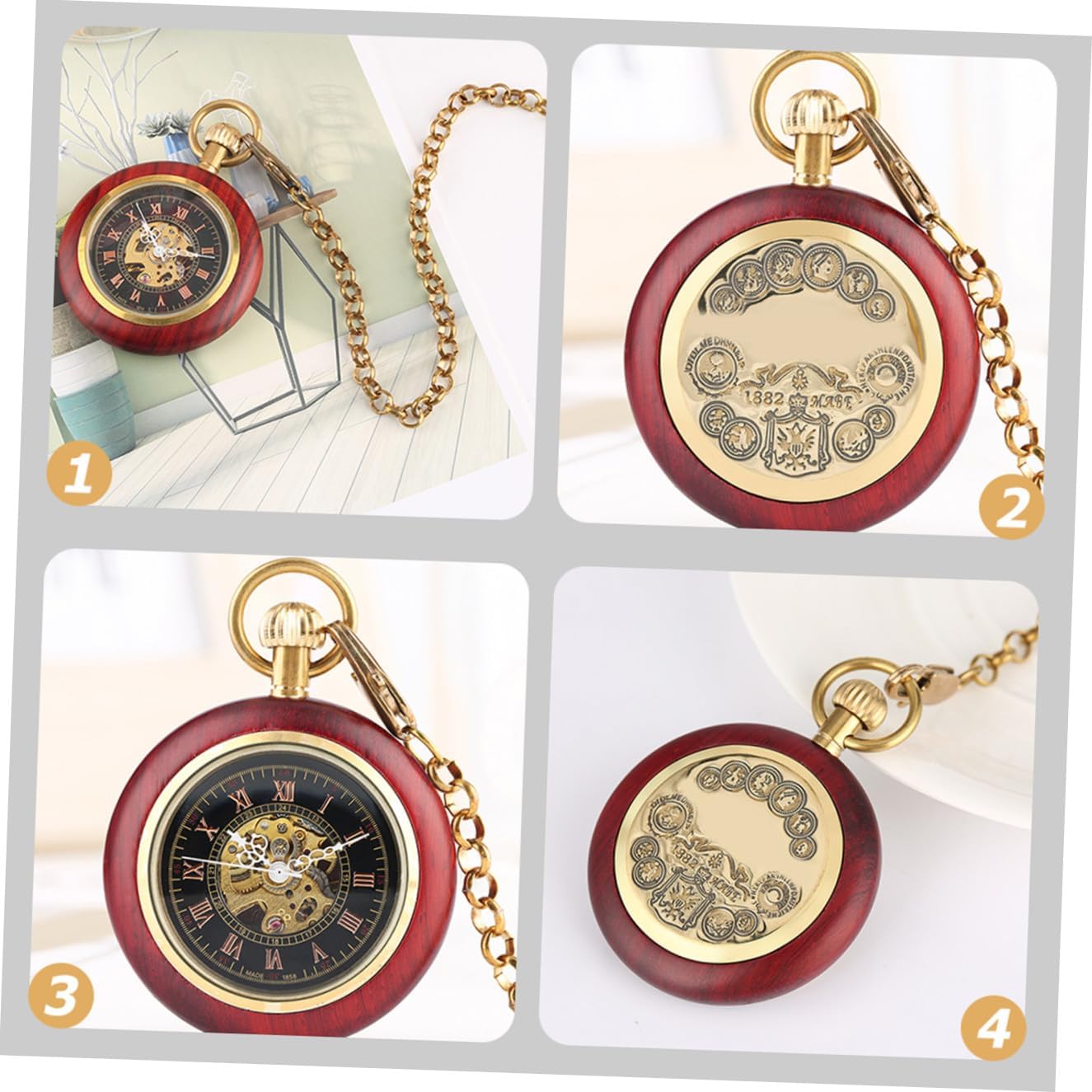 Sosoport Wood Grain Mechanical Pocket Watch Men Watches Roman Numeral Watch Hanging Pocket Roman Numeral Relojes para Hombre Woman Chained Timer Student Glass