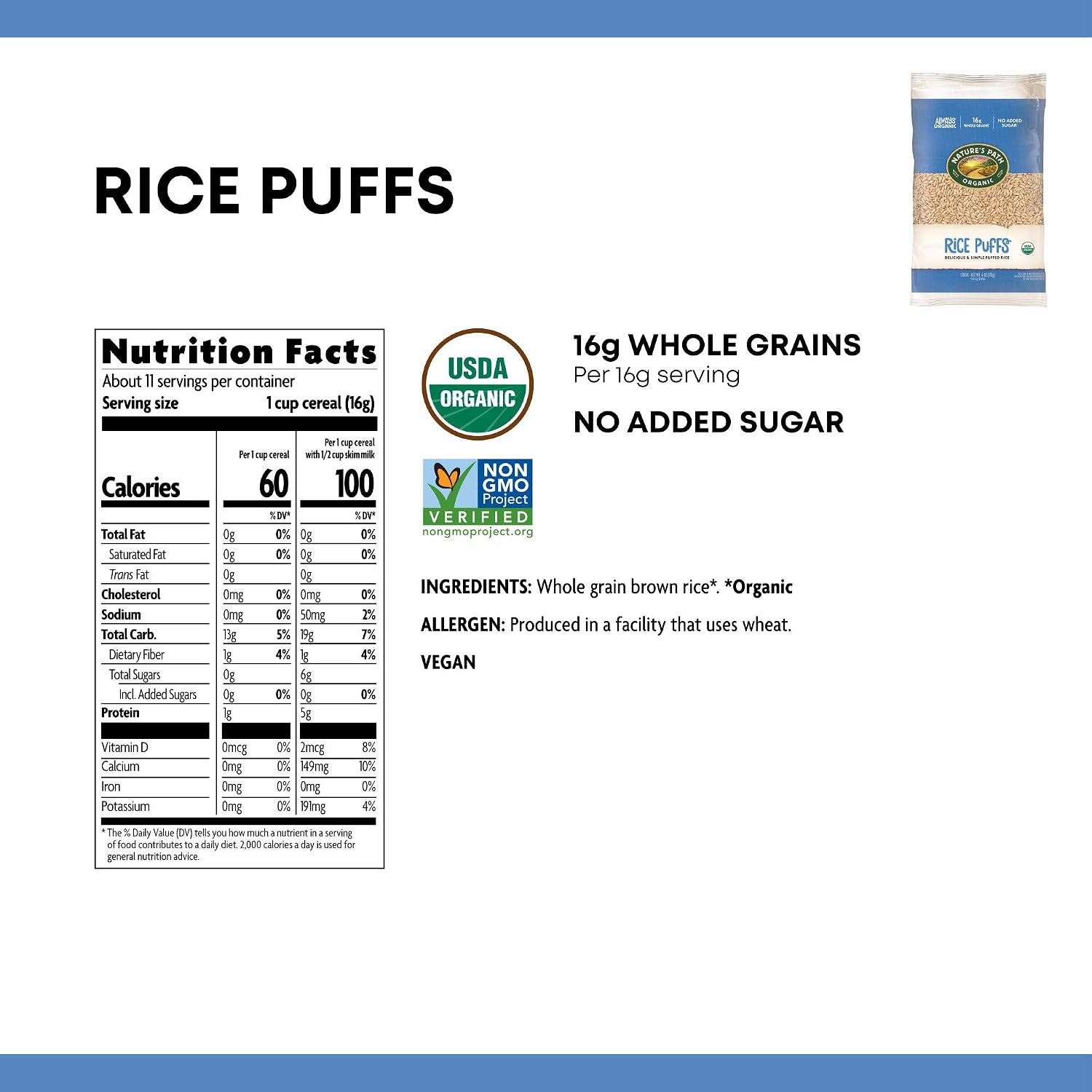 Nature's Path Organic Rice Puffs Cereal, Earth Friendly Package, Non-GMO, 16g Whole Grains, No Added Sugar, 6 Oz, Pack of 12