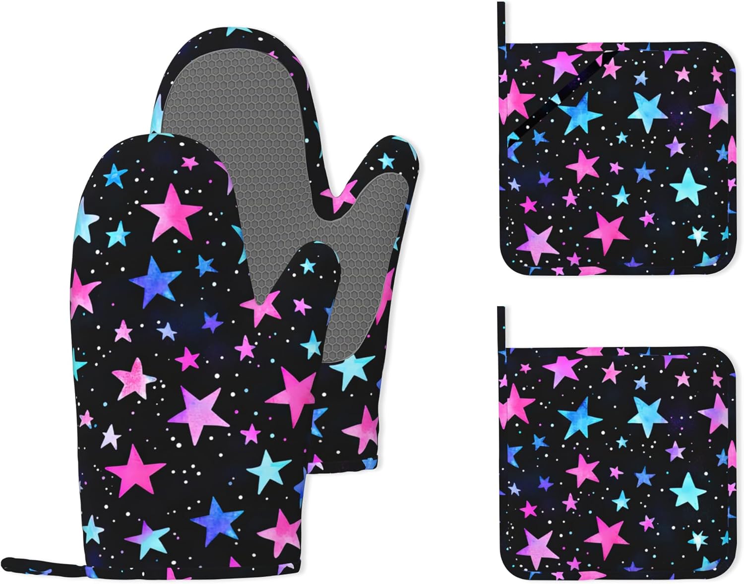 Blue Pink Stars Heat-Resistant Silicone Oven Mitts and Pot Holder 4 Piece Set,Non-Slip Kitchen Oven Gloves for Baking, BBQ, Cooking,Grilling