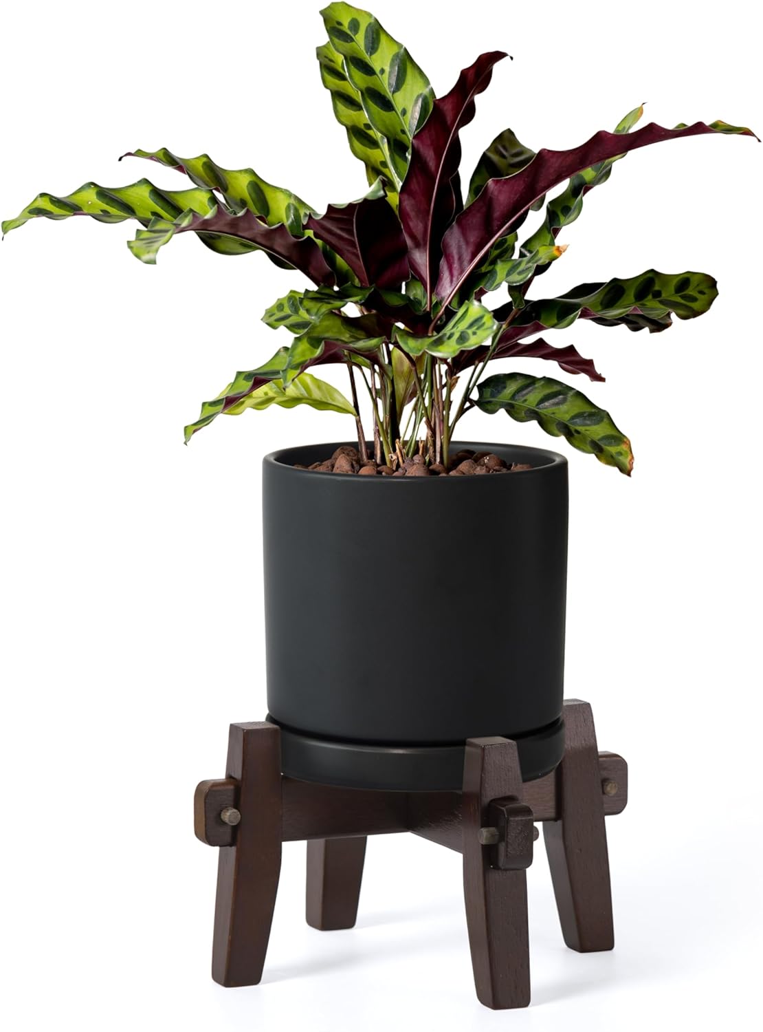 D'vine Dev Ceramic Planter with Wood Stand - 10 Inch Mid Century Modern Cylinder Indoor Plant Pot Set for Indoor Plants & Flowers, White, 55-A-X-1