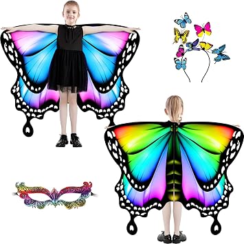 plainshe Butterfly Wings for Girls Double-Sided Fairy Wings Children's Butterfly Costume for Halloween 3 Pieces Butterfly Cape Set Double-Sided 1