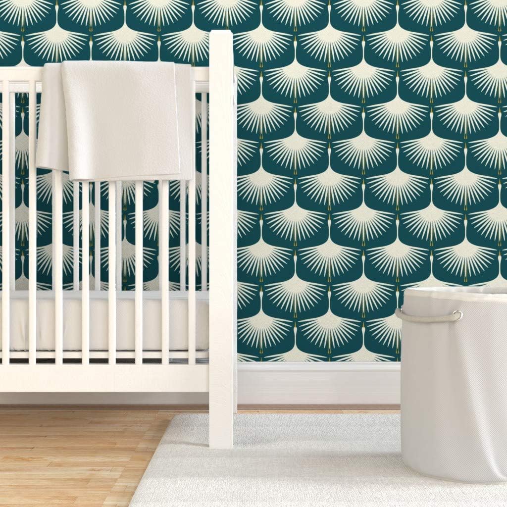 Removable Wallpaper 6ft x 2ft - Mid Century Midcentury Modern White Swans Retro Deep Teal Traditional Cranes Custom Pre-Pasted Wallpaper by Spoonflower