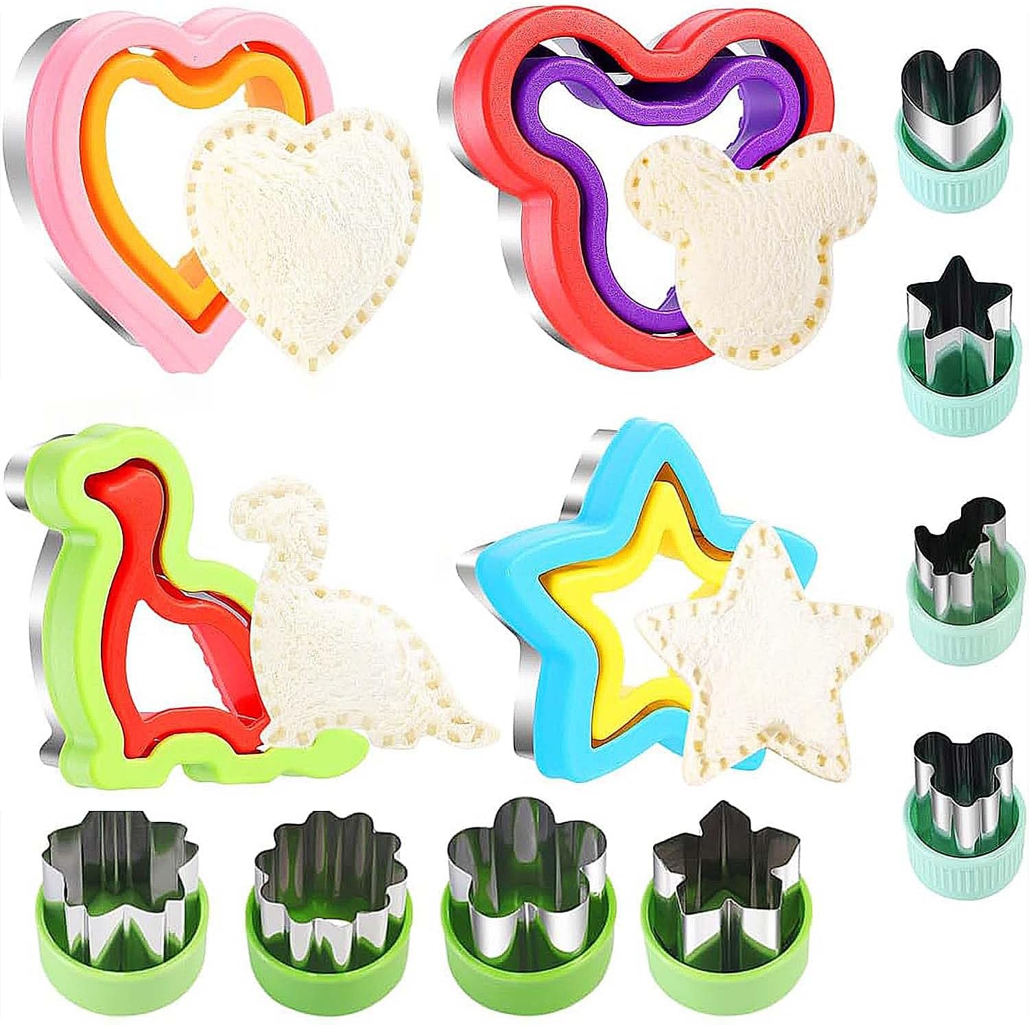 Sandwich Cutter and Sealer, Set of 12 Pastry Cookie Biscuits and Vegetable Cutters, Bread Decruster Maker for Kids in Dinosaur, Heart, Mouse, Star and Flower Shape
