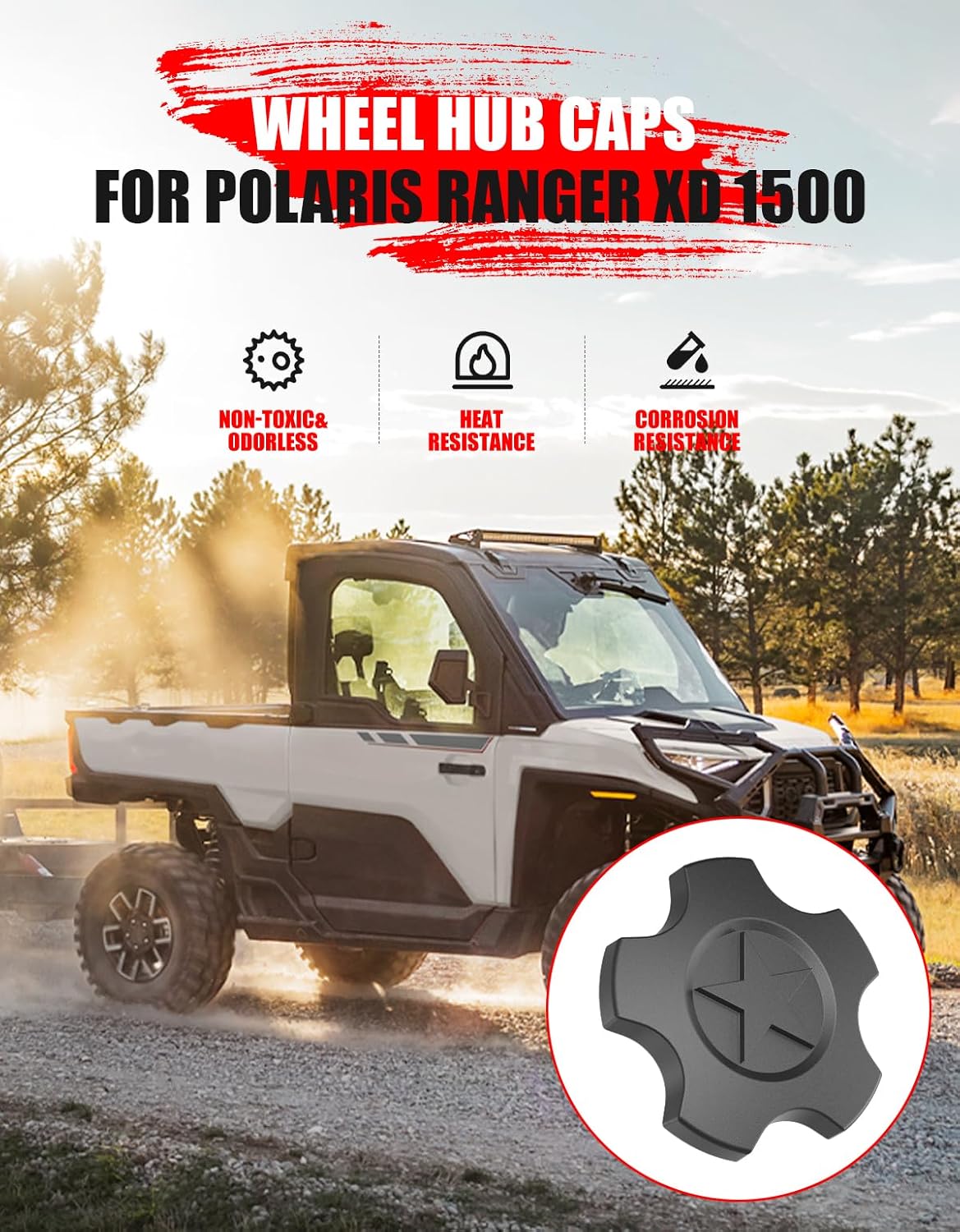 4PCS Wheel Hub Caps for Polaris Range XD 1500 Northstar Edition, Black Dust Tire Wheel Center Hub Cap Covers Tire Rim for Polaris Ranger Crew XD 1500 Northstar Edition 2024-2025 Accessories