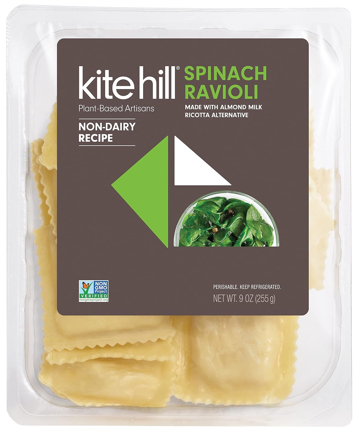 Kite Hill Spinach and Almond Milk Ricotta Ravioli Pasta, 9 Ounces, Dairy Free, Non-GMO, Vegan