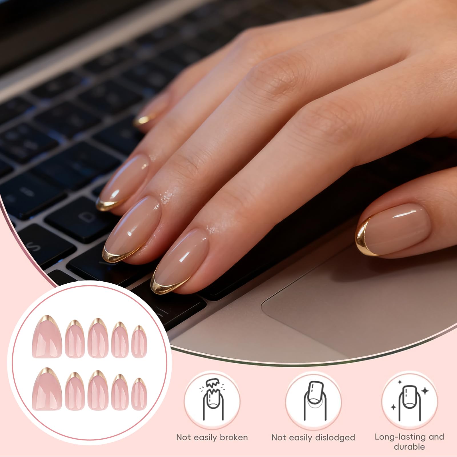 Press On Nails, 24 szt. Różowe krótkie sztuczne paznokcie ze złotymi końcówkami, błyszczące wykończenie żelowe, zestaw do paznokci wielokrotnego użytku z klejem dla kobiet