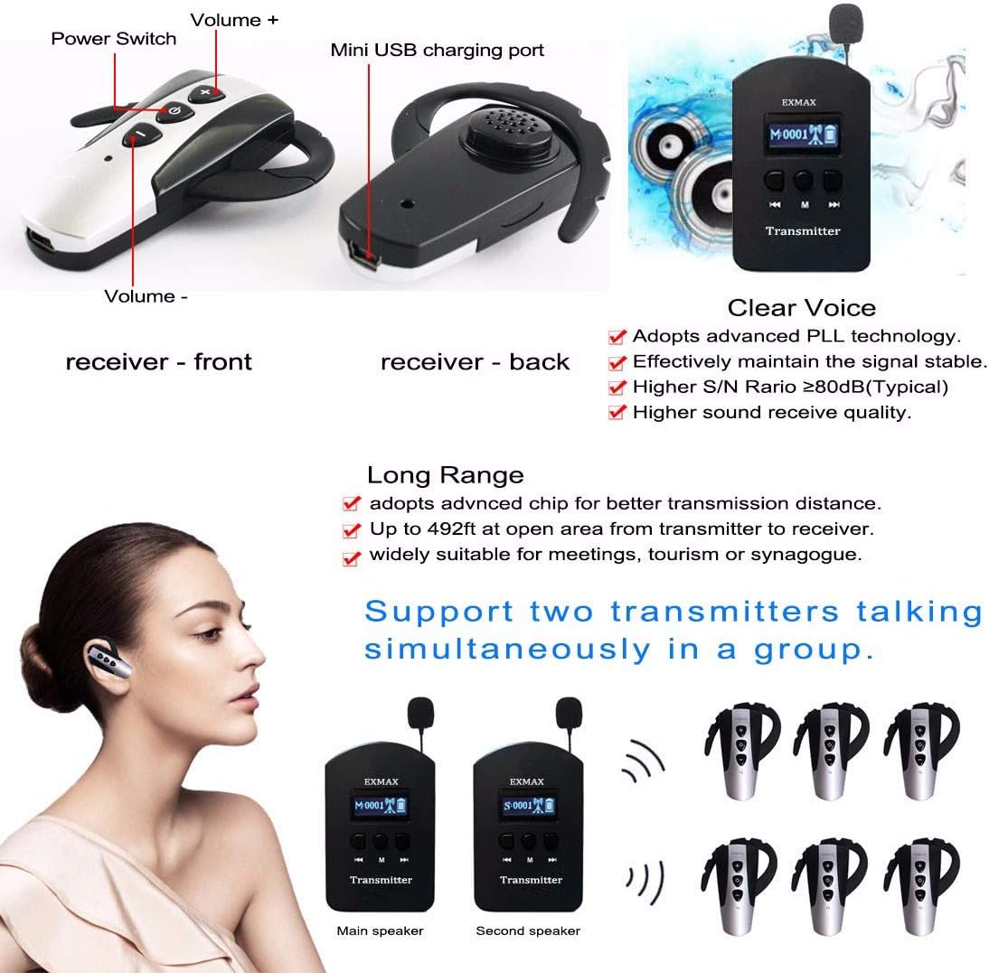 EXMAX EXD-6824 Wireless Tour Guide System Church Translation Equipment Up to 328 feet Audio Transmission for Bus Travel Industry Tour Assistive Listening 2 Transmitters 20 Receivers Storage Case