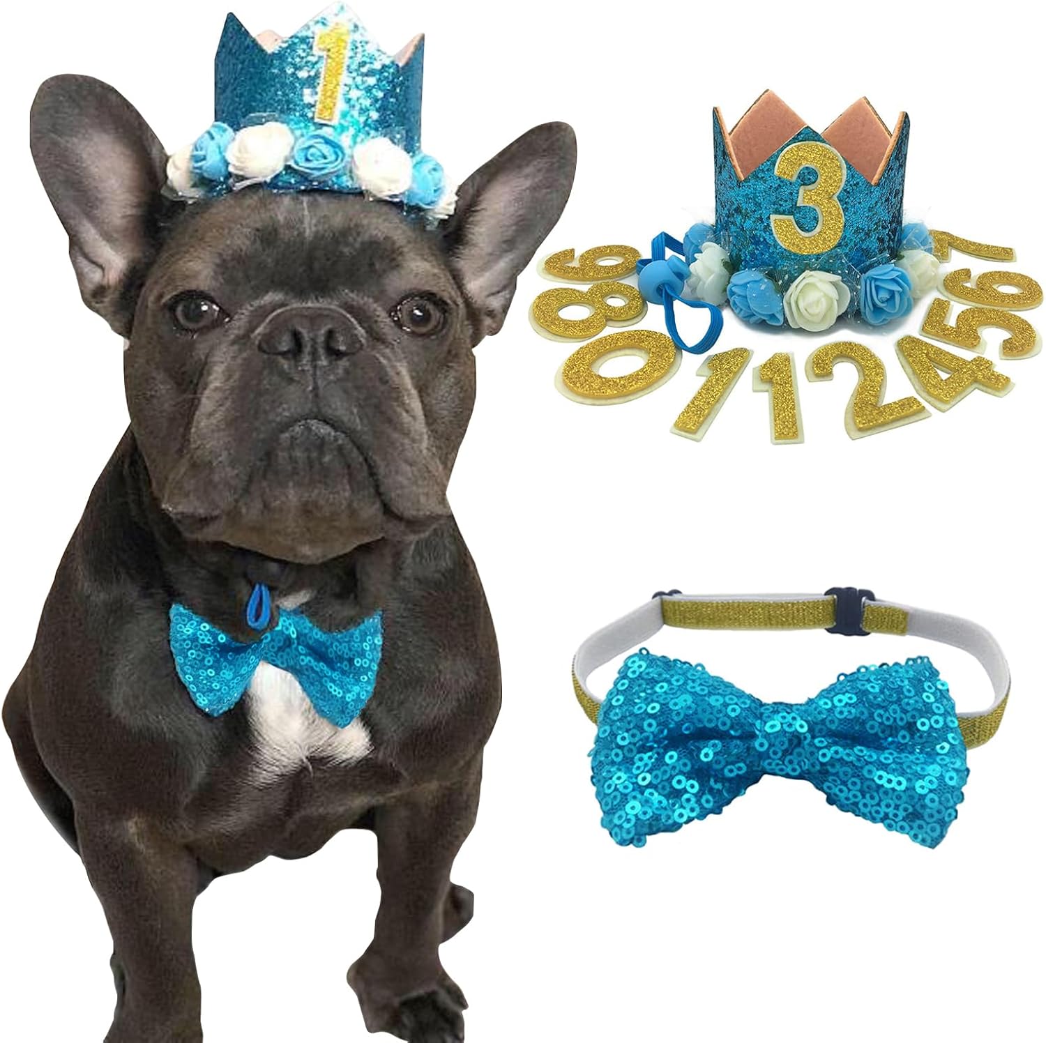 Cat Dog Birthday Crown Hat and Bow Tie Collar Set Pet Boy Birthday Party Supplies (Blue)