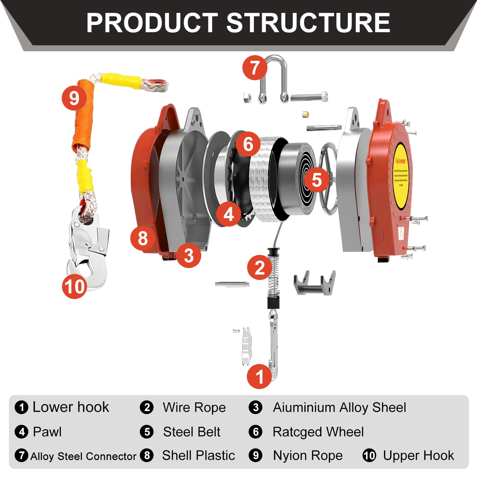 Dispositivo Anticaida Retráctil 200kg, Rojo, 10m | Anticaidas Retractil Seguridad Homologado, Linea de Vida Retractil con Gancho Autoblocante, Equipo de Trabajo en Altura