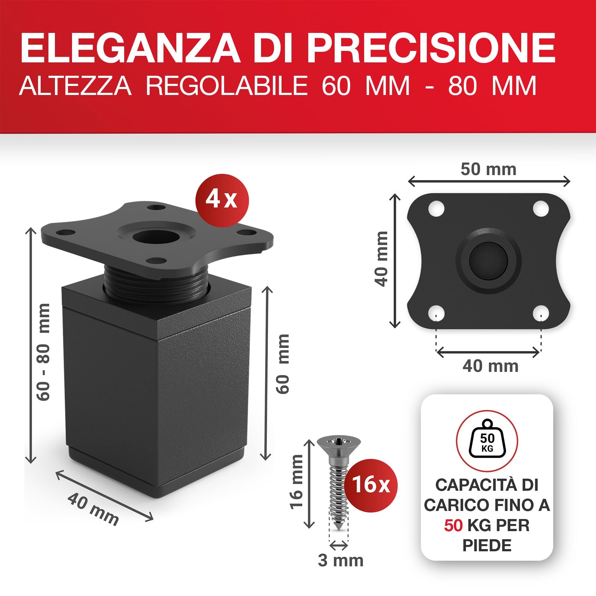 4x Piedini Per Mobili Piedini Per Mobili Piedino In Alluminio Diametro 40 Mm Altezza 80 Mm Nero Regolabile In Altezza | Leroy Merlin - Foto 11