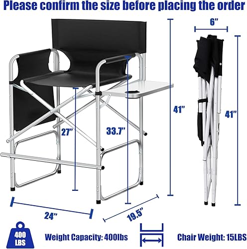 Miniatura 3 de Silla de artista de maquillaje, sillas altas plegables de directores de 41 pulgadas con mesa auxiliar, bolsa de almacenamiento y reposapiés, silla