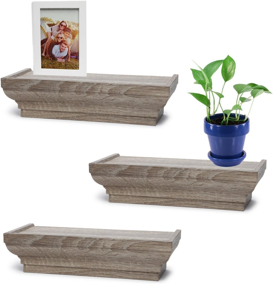 Harbortown Set of 3 Crown Molding Ledge Floating Wall Shelves Wood Shelf for Decorative Display of Pictures & Frames