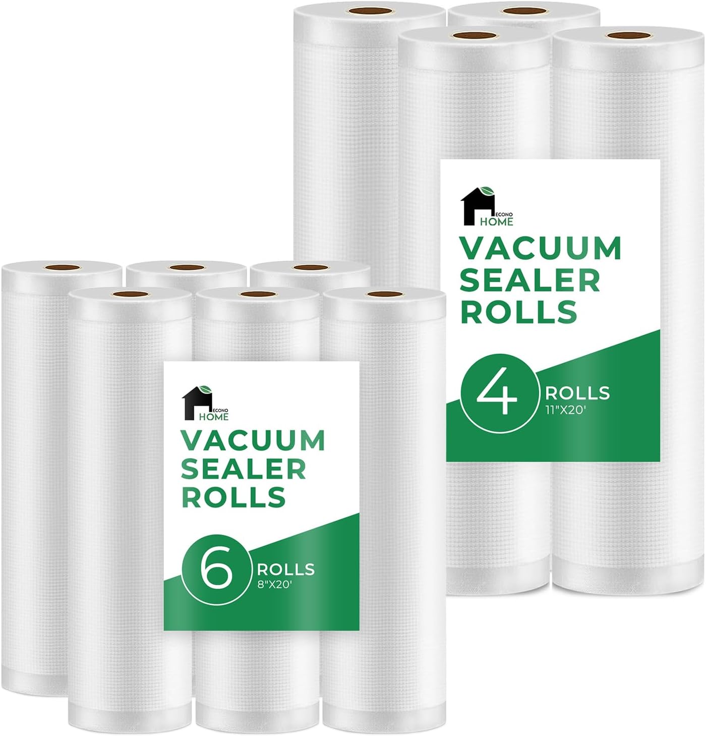 EconoHome Vacuum Seal Rolls - 11"x20' (4 Pack) + 8"x20' (6 Pack) Commercial-Grade, Airtight & Leakproof Plastic Vacuum Storage Bags for Sous Vide, Meal Preparation, Processing & Dry Aging Meat