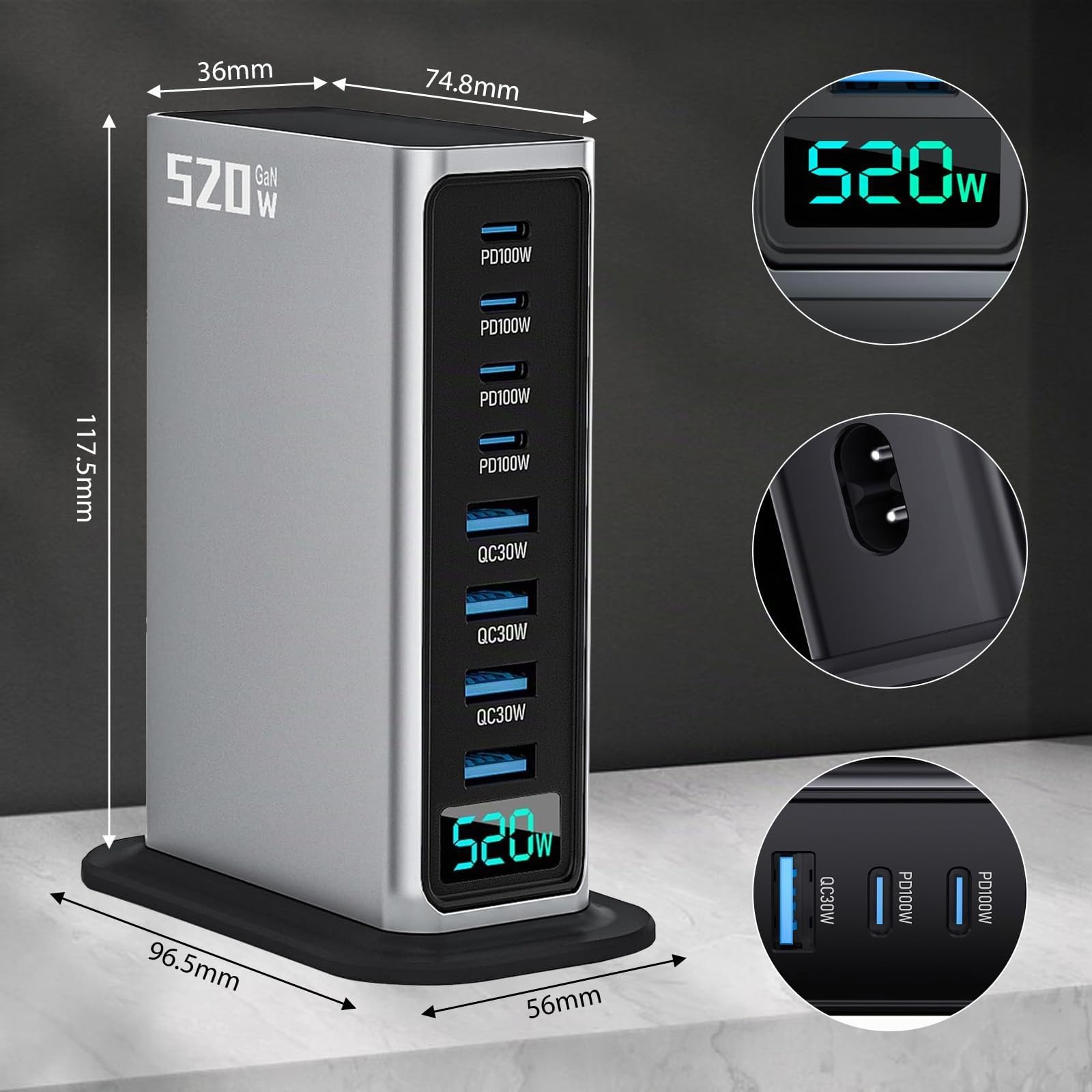 USB Schnellladegerät, 520W USB C Ladegerät Mehrfach mit Digitalanzeige, 8 Port USB Charging Station mit GAN III und PD 3.0, Schnellladestation mit 4USB C & 4USB A für Telefon, Tablets, Laptop