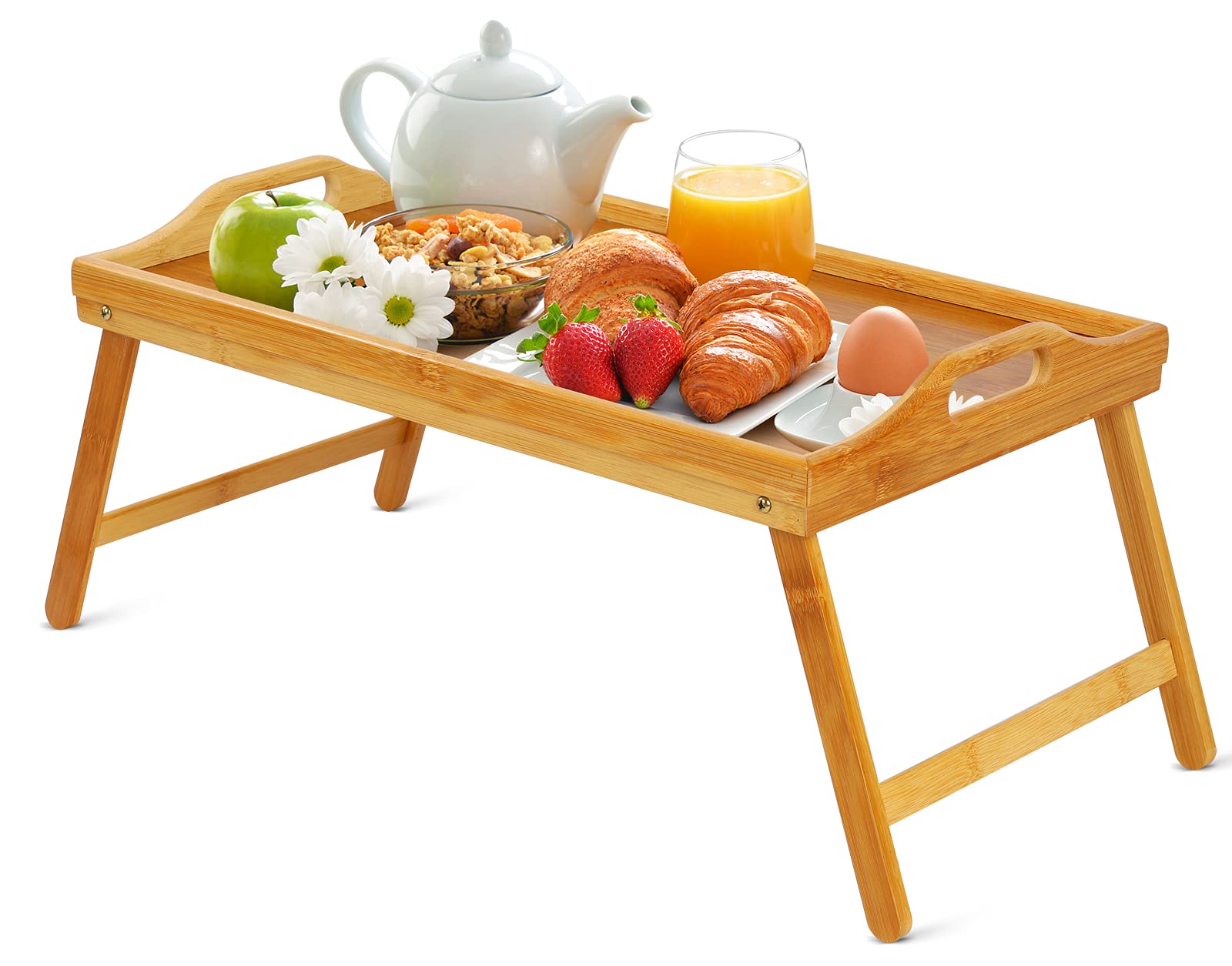 Vassoio per colazione in legno di bambù naturale, vassoio da portata con gambe pieghevoli e maniglie