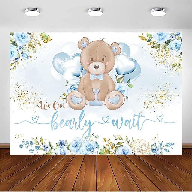 Avezano We Can Bearly Wait Baby Shower Backdrop for Boy Blue Floral Cute Bear Baby Shower Background Newborn Boy Birthday Pregnancy Announce Party Cake Table Decoration Photo Booth (7x5ft)