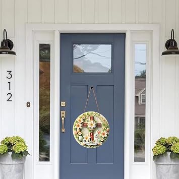 Easter Wooden Wreath with Cross - 11.2 Inch Round Wall Hanging Decor, Religious Wood Sign for Front Door, Home, Church, Holiday & Spring Decorations