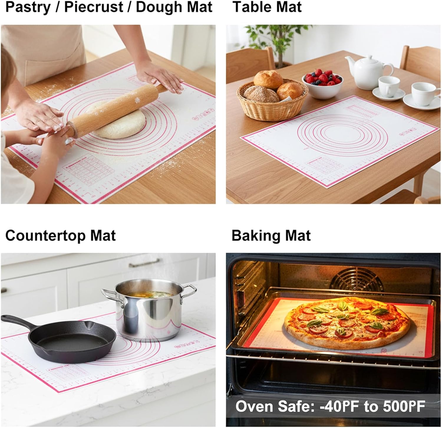 Silicone Baking Mat 23.6" × 15.7" Extra Large Pastry Dough Mat with Measurements For Rolling Dough Bread Pizza Pie Crust Fondant Making Oven Liner Kitchen Counter Non-Slip Non Stick Reusable