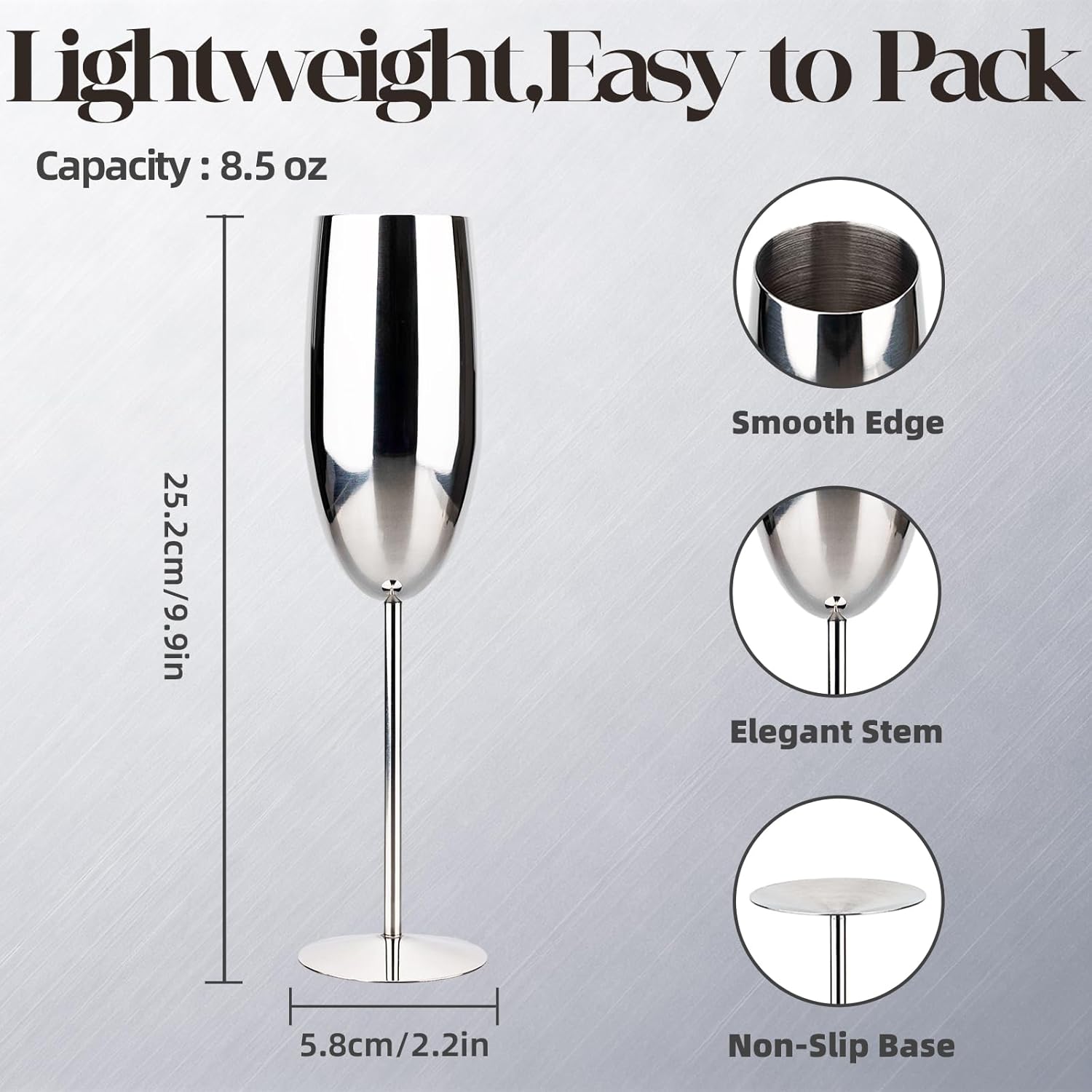 Champagne Glasses Stainless Steel Set of 4, 8.5oz Champagne Flutes-Elegant Wedding Unbreakable Wine Cups Gifts for Bride Groom, Lightweight for Party Travel Christmas Birthday