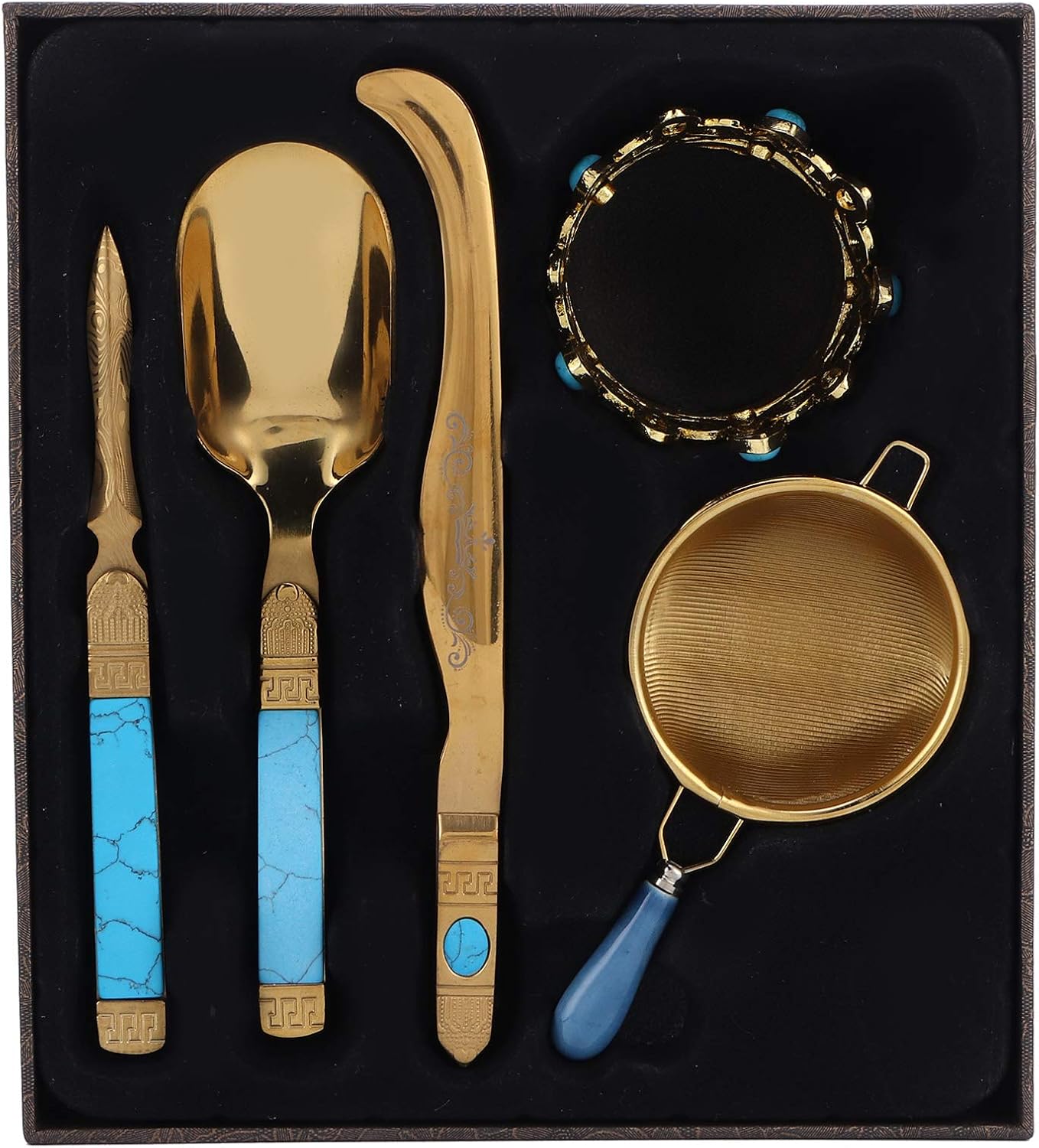 Tea Ceremony Set Stainless Steel Tea Spoon Needle Clip Filter Kit Kung Fu Tea Accessory Gold Retro Style Design Durable 304 Stainless Steel Material for Home Tea Room Decor