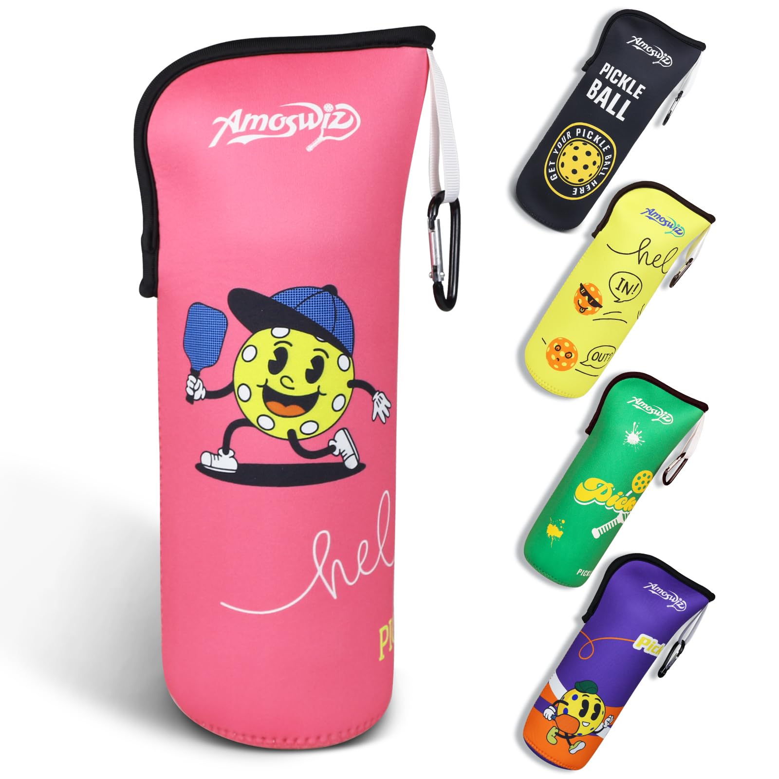 Amoswiz Pickleball Ball Holder - 1 Pc Pickle Ball Storage Bag, Portable Tennis Pouch with Hook for Fence, Premium Neoprene Material Bottle Holder,