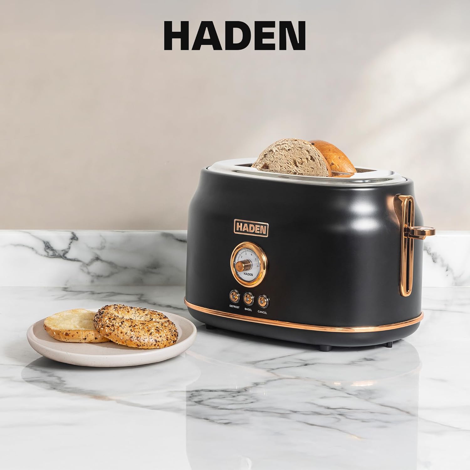 Haden Dorset 2-Slice Wide-Slot Toaster, Stainless-Steel Bread Toaster with Adjustable Browning Control, Crumb Tray & Non-Slip Feet, Black & Copper
