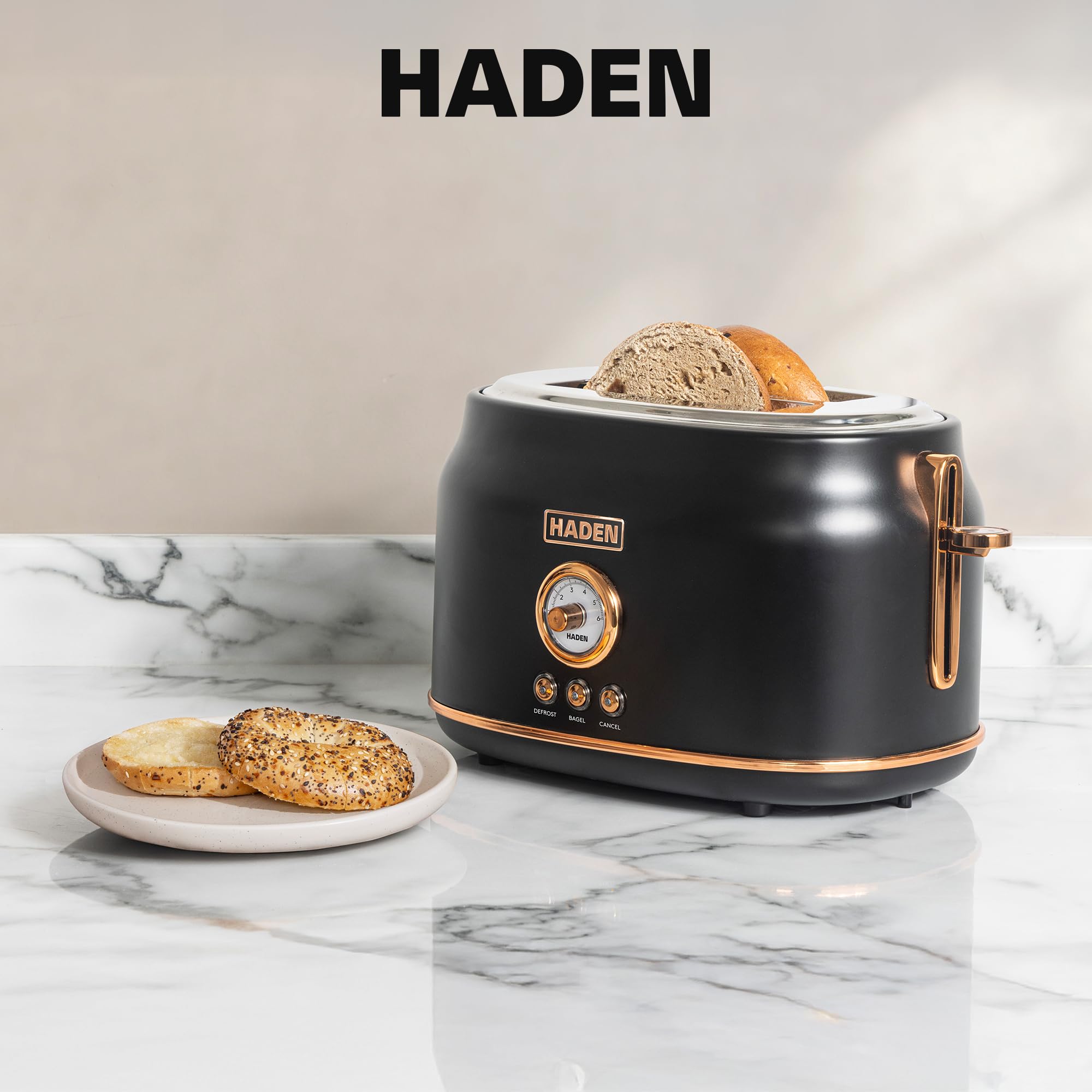Haden Dorset 2-Slice Wide-Slot Toaster, Stainless-Steel Bread Toaster with Adjustable Browning Control, Crumb Tray & Non-Slip Feet, Black & Copper