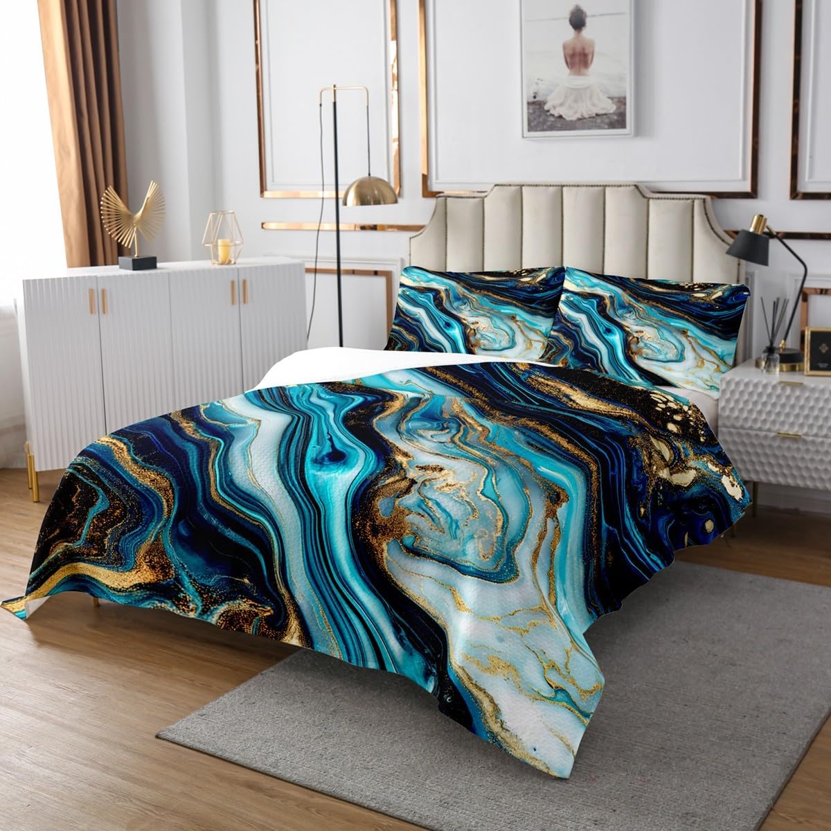 Erosebridal Grey Black Marble Queen Quilt Set Modern Abstract Art Coverlet Set, Aesthetic Marbling Bedding Set Watercolor Stone Pattern Bedspread Set, Mountain Fluid Bed Quilt 3 Pieces Lightweight