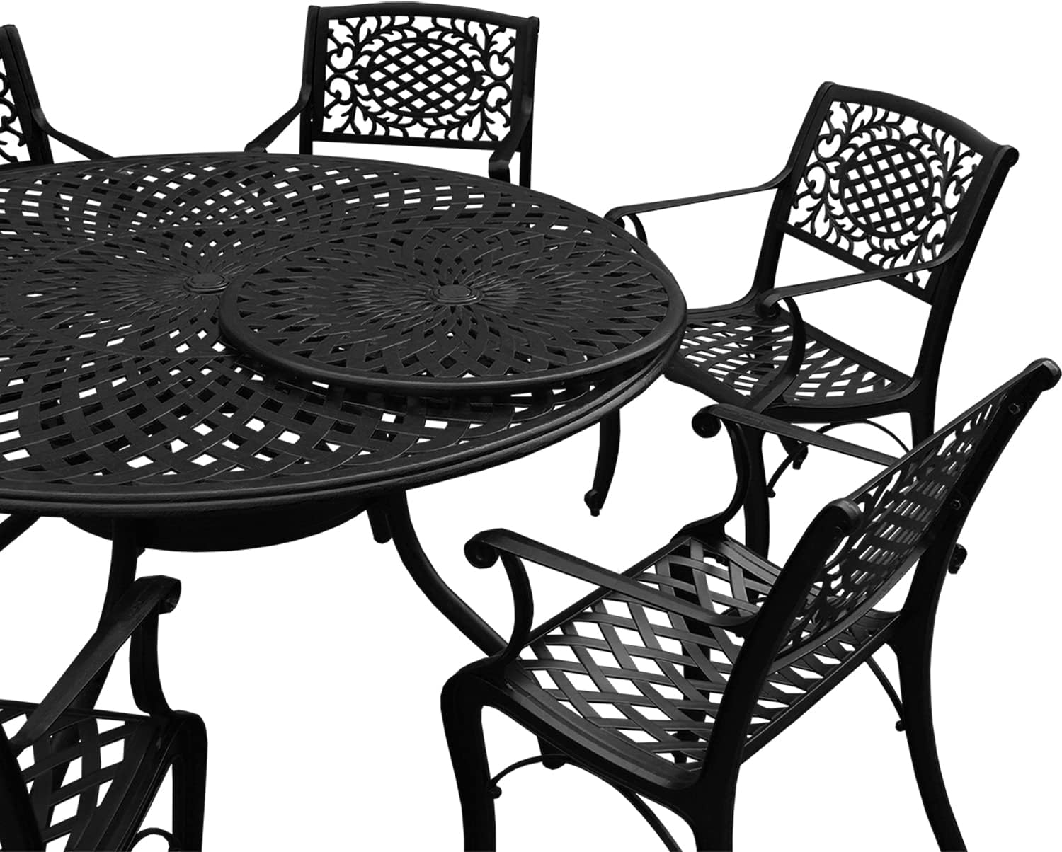 Oakland Living 1022-2777(6)-LBK Modern Ornate Outdoor Mesh Aluminum 59-in Large Black Round Patio Lazy Susan and Six Chairs Dining Set