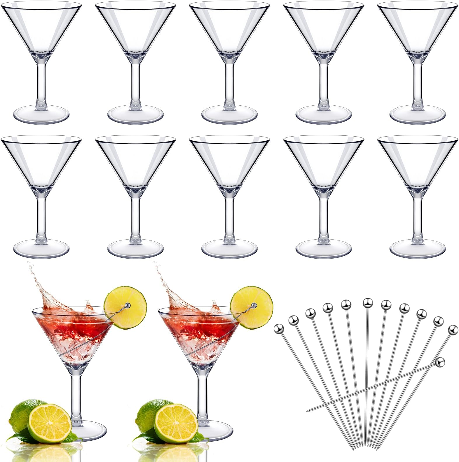 Hushee24 Pcs Martini Glasses and Cocktail Picks, 12 Pcs Reusable Cocktail Glasses Shatterproof Plastic Martini Cups (9oz) 12 Pcs Stainless Steel Picks for Home Outdoor Poolside Bar Party Camping
