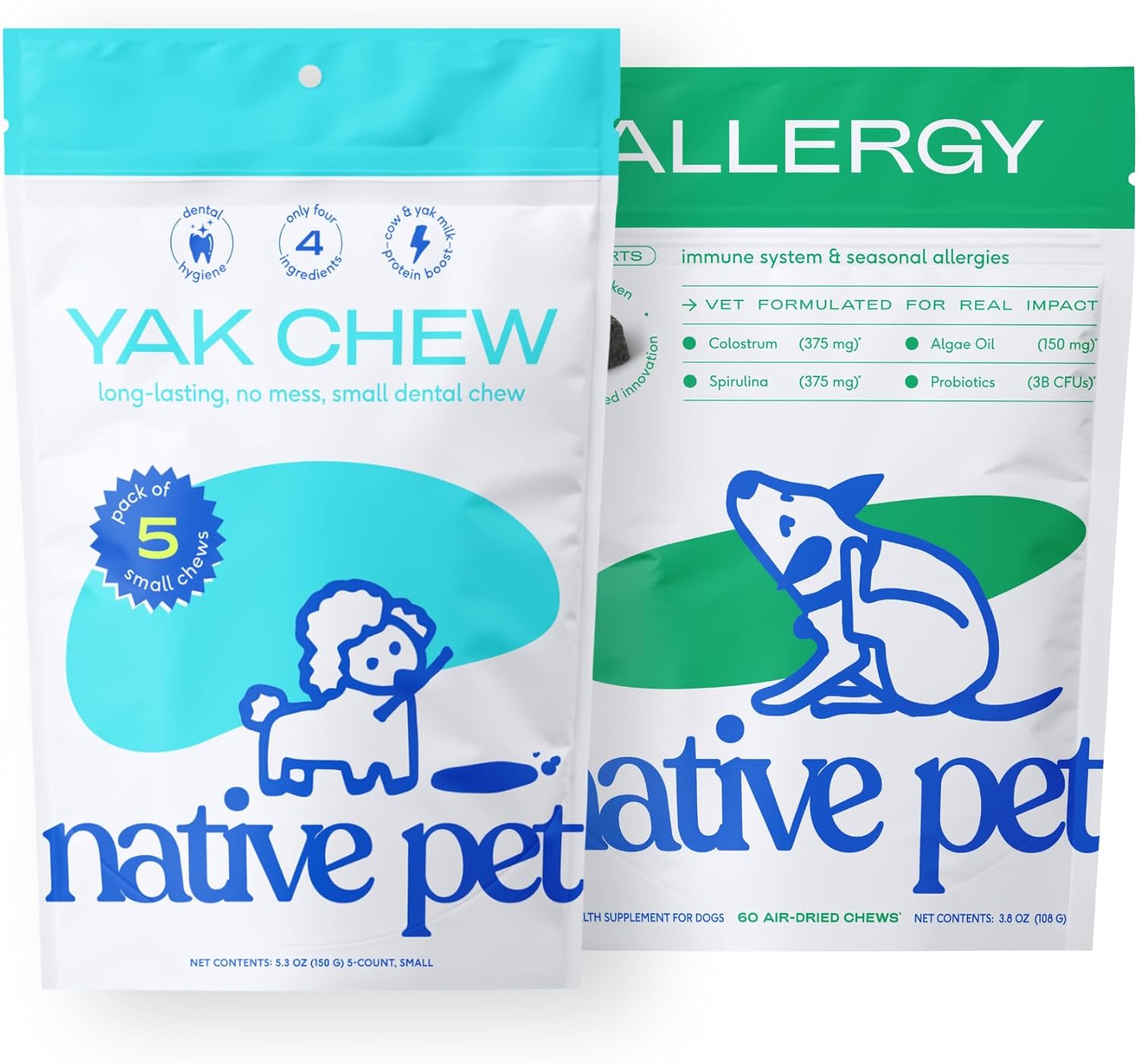 Native Pet Dog Allergy Chews (60 Count) & Yak Chews for Dogs (5 Small Count) - Natural Dog Skin Itchiness Aid and All Natural Dental Sticks Made with Yak Cheese for Aggressive Chewers
