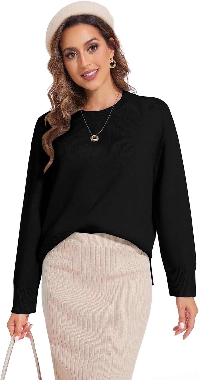 Women's Crewneck Long Sleeve Sweaters Fall Winter Loose Casual Ribbed Knit Side Slit Pullover Tops - Image 4