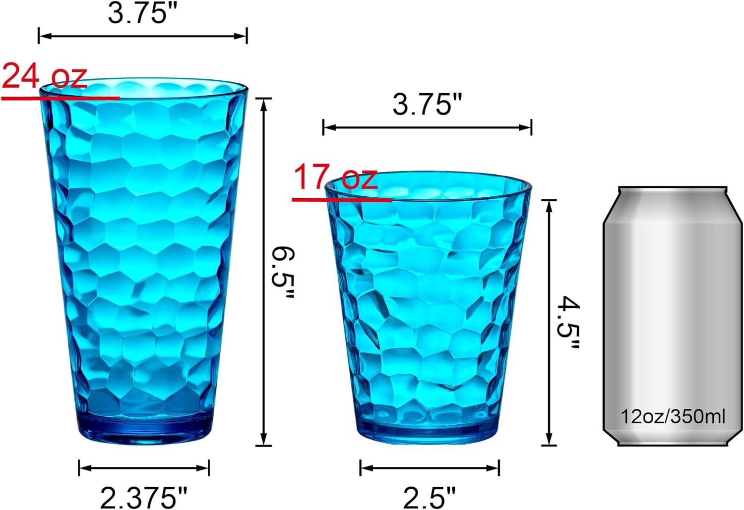 Amazing Abby - Iceberg - 16-Ounce and 24-Ounce Plastic Tumblers (Set of 12), Acrylic Drinking Glasses, Mixed-Color Reusable Plastic Cups, Stackable, BPA-Free, Shatter-Proof, Dishwasher-Safe - Image 6