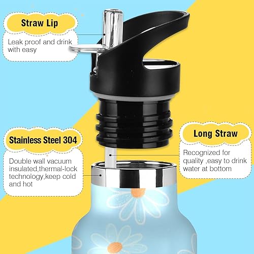 Miniatura 3 de Blue Daisy Flower - Botella de agua deportiva a prueba de fugas y sin BPA con pajilla, doble pared aislada al vacío para viajes y deportes, garrafa