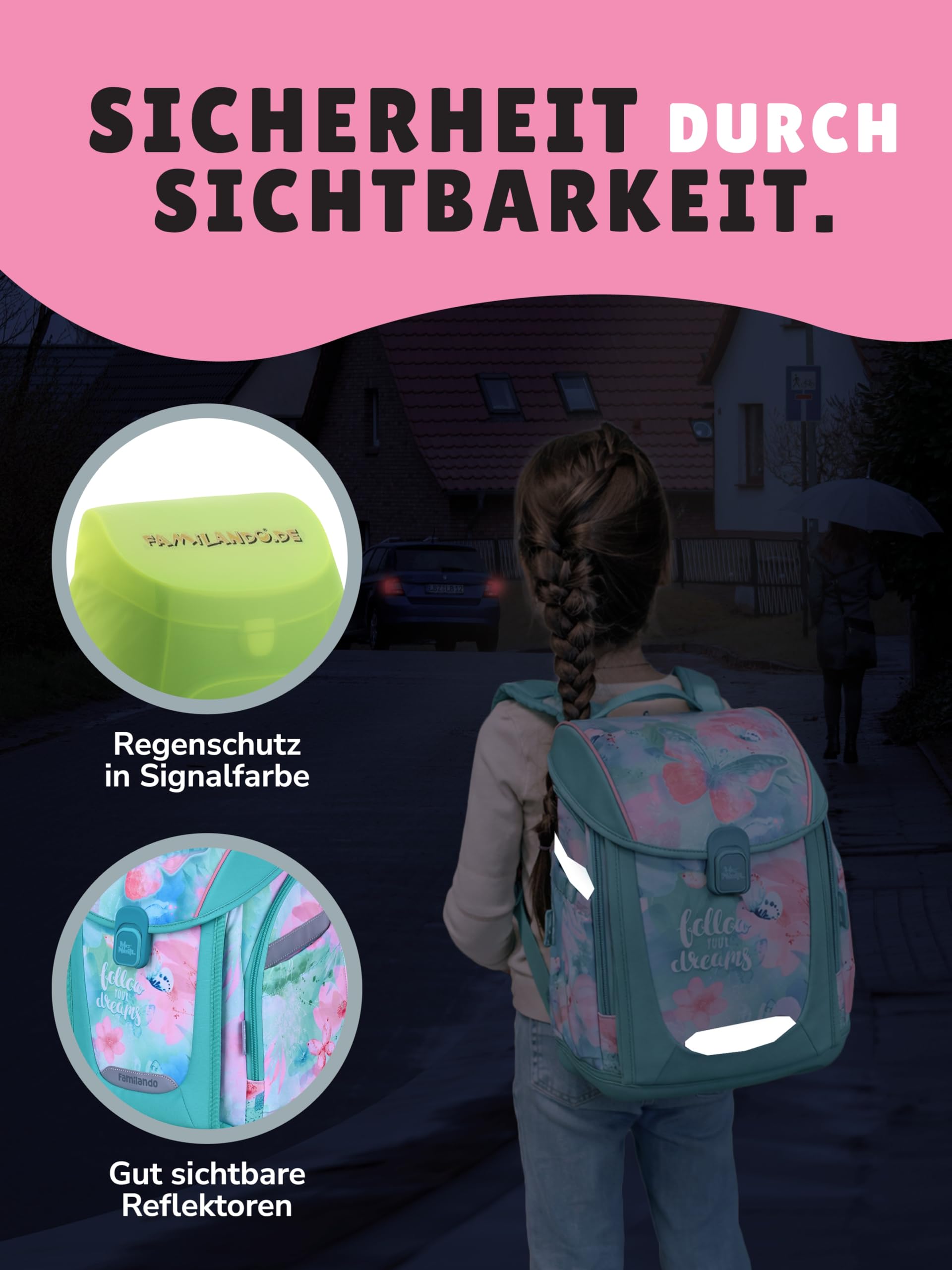 Familando - Premium Schulranzen Set - 10-teilig mit Schultüte - Butterfly (Schmetterlinge) - Ergonomisch, stabil & mit gepolstertem Rücken - 1000g - 20L Volumen - Mit Reflektoren - ab 1. Klasse