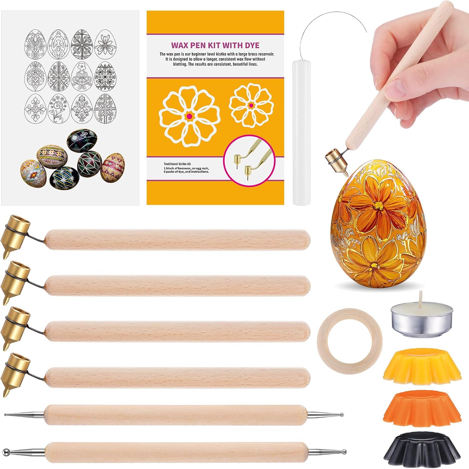 Blushtier 12 Pcs Ukrainian Easter Egg Decorating Kit Pysanky 0.2 0.3 0.4 0.5mm Kistka Pen 2 Double Sided Drop Pull Tool Stand Candle Beeswax Instructions Easter Egg DIY Craft Set