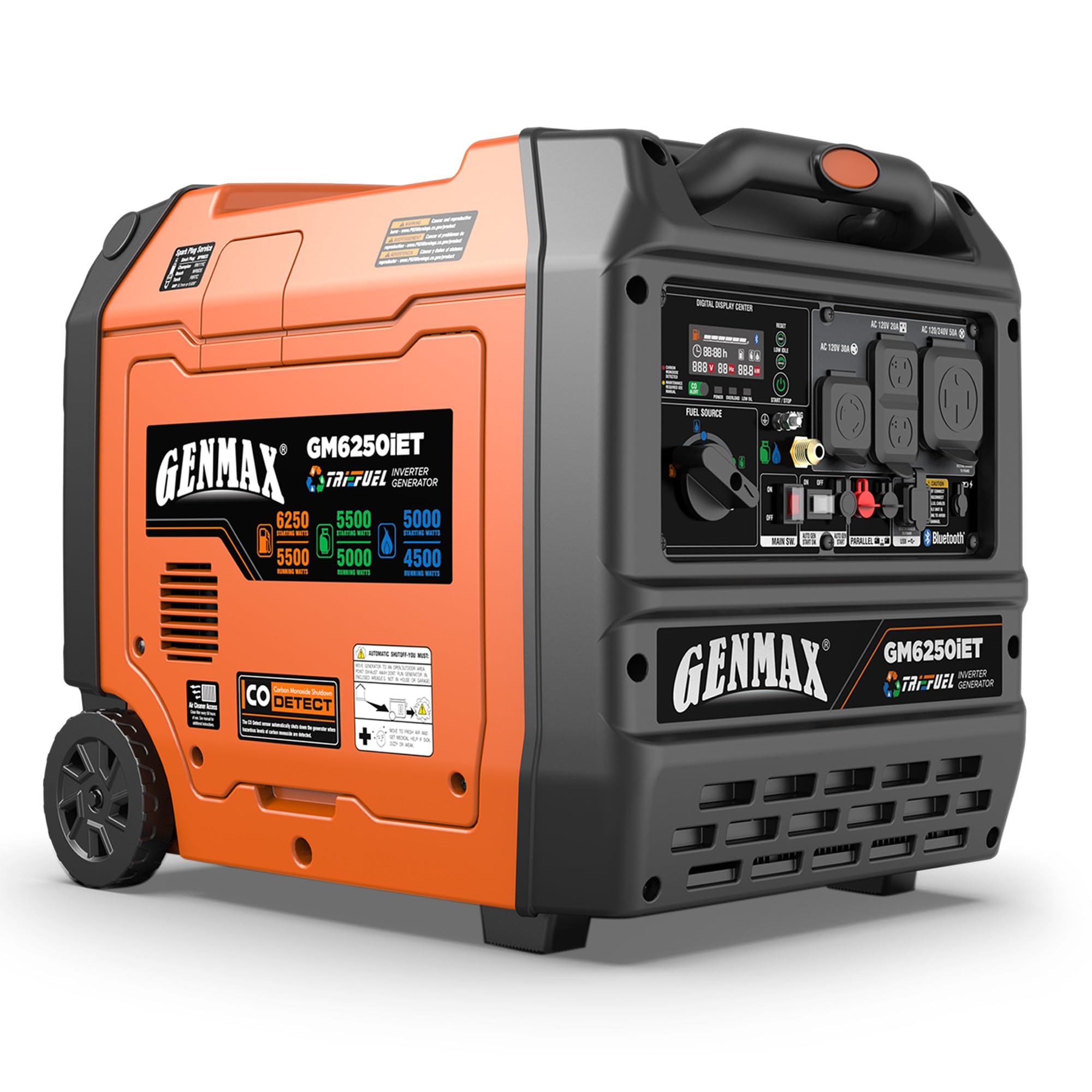 GENMAX 6250w Tri-Fuel Silent Inverter Generator(2026Model)Features 2-Wire Auto Start/Stop,bluetooth APP Control,CO Sensor,Digital Display&amp;50A Outlet-Ideal for Home Backup&amp;Camping Outdoor,EPA Compliant