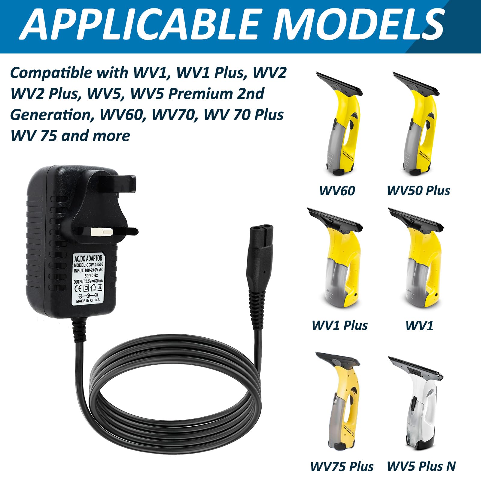 Caricabatterie Alimentatore Per K&auml;rcher WV5, WV50, WV55, WV75 Plus &ndash; 5,5V 0,6A Cavo 1,5m